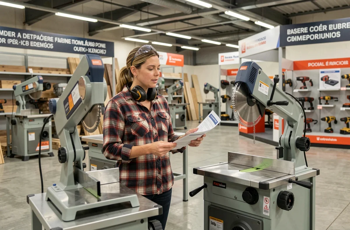 Femme comparant deux modèles de scies radiales dans un magasin de bricolage spécialisé