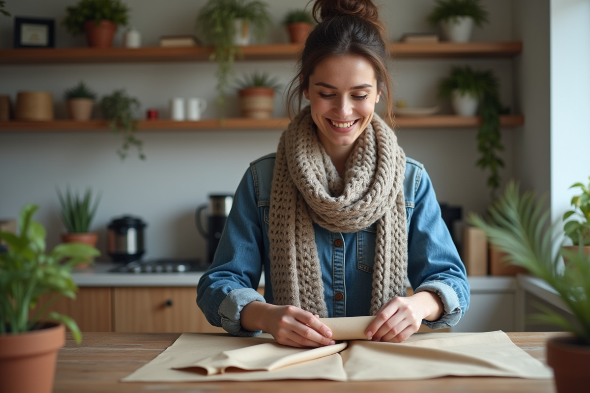 Femme souriante emballant un pull dans du papier craft