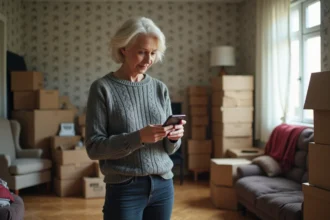 Femme consultant son téléphone dans un salon encombré pour organiser un débarras de maison gratuit