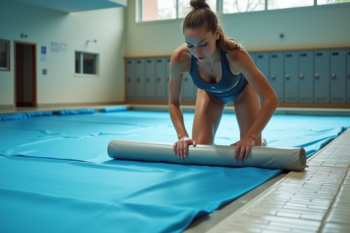Femme posant la couverture sur une piscine intérieure