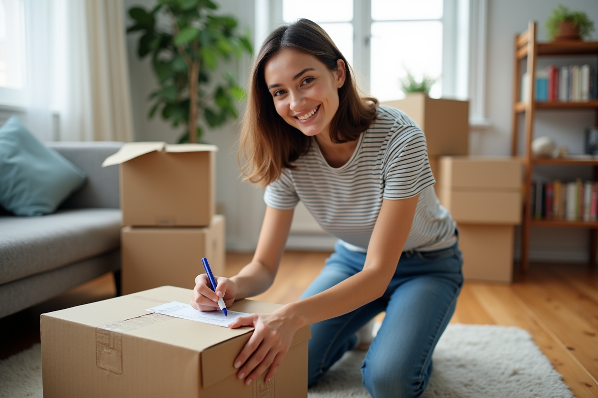 Jeune femme souriante en train d'étiqueter une boîte dans un salon lumineux