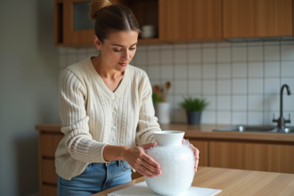 Femme emballant une porcelaine avec du papier bulle