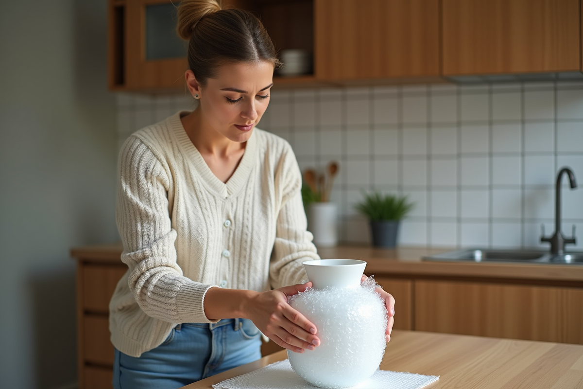 Femme emballant une porcelaine avec du papier bulle