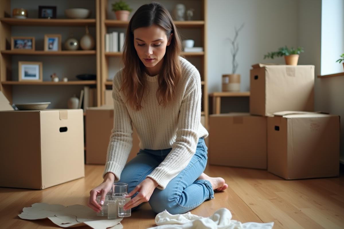 Femme emballant du verre dans une maison chaleureuse
