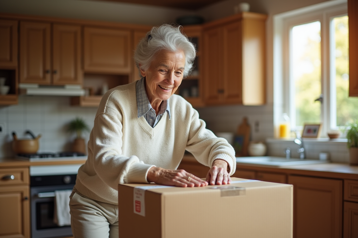 Femme âgée scellant une boîte dans sa cuisine chaleureuse