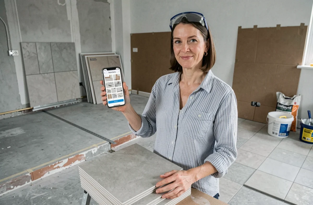 Femme suivant un guide DIY sur smartphone dans un salon en cours de carrelage, ambiance chantier réaliste