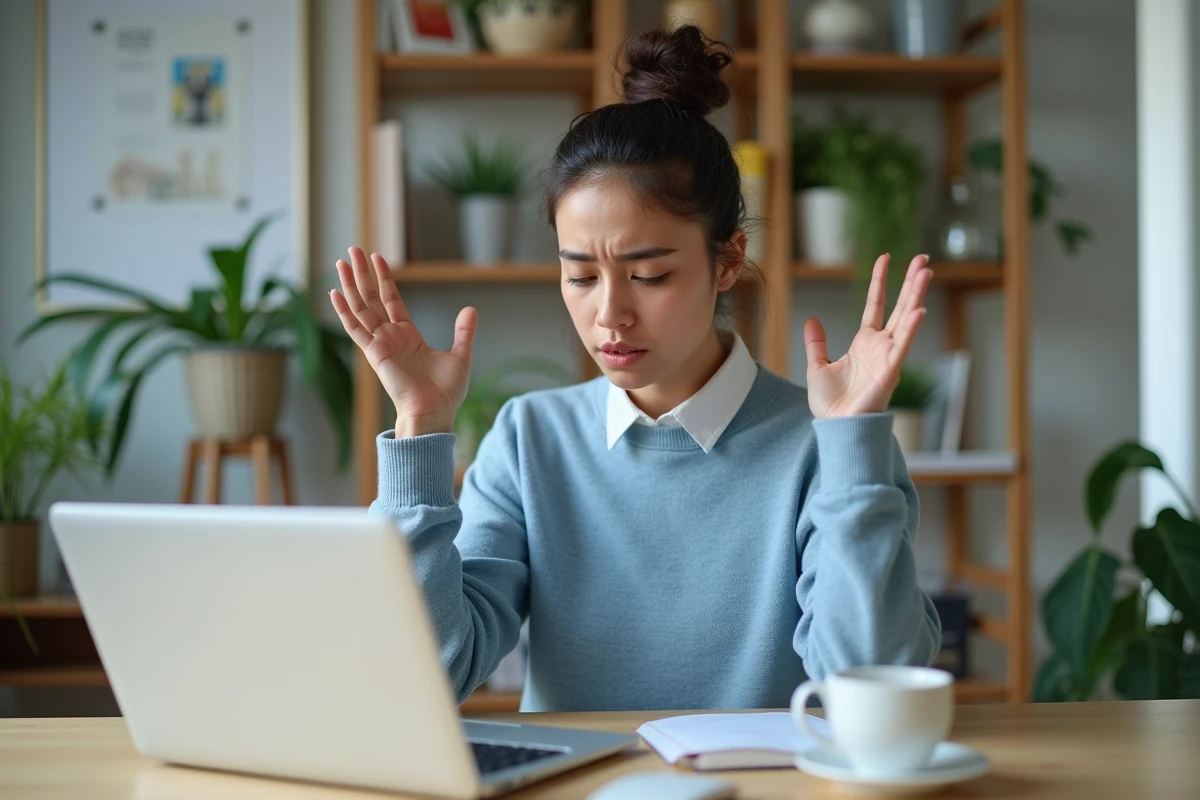 Jeune femme inquiète dans son bureau à domicile
