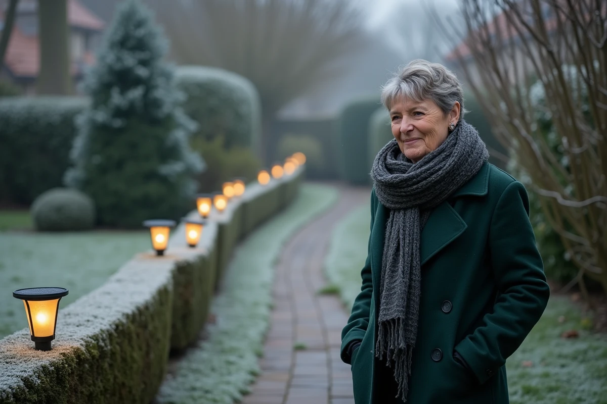 Femme installant des bornes lumineuses solaires le long d'un chemin de jardin givré pour une décoration de Noël extérieure