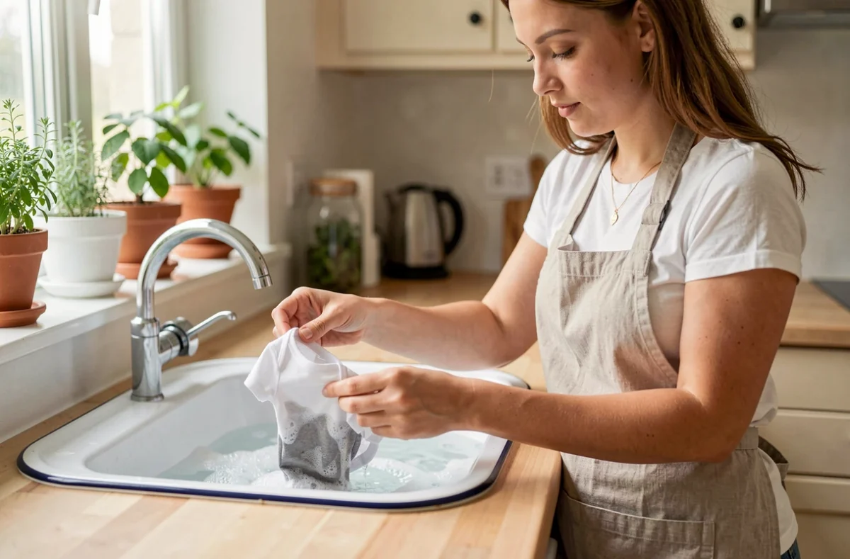 Jeune femme lavant à la main un body bébé grisé dans un évier en émail à la cuisine