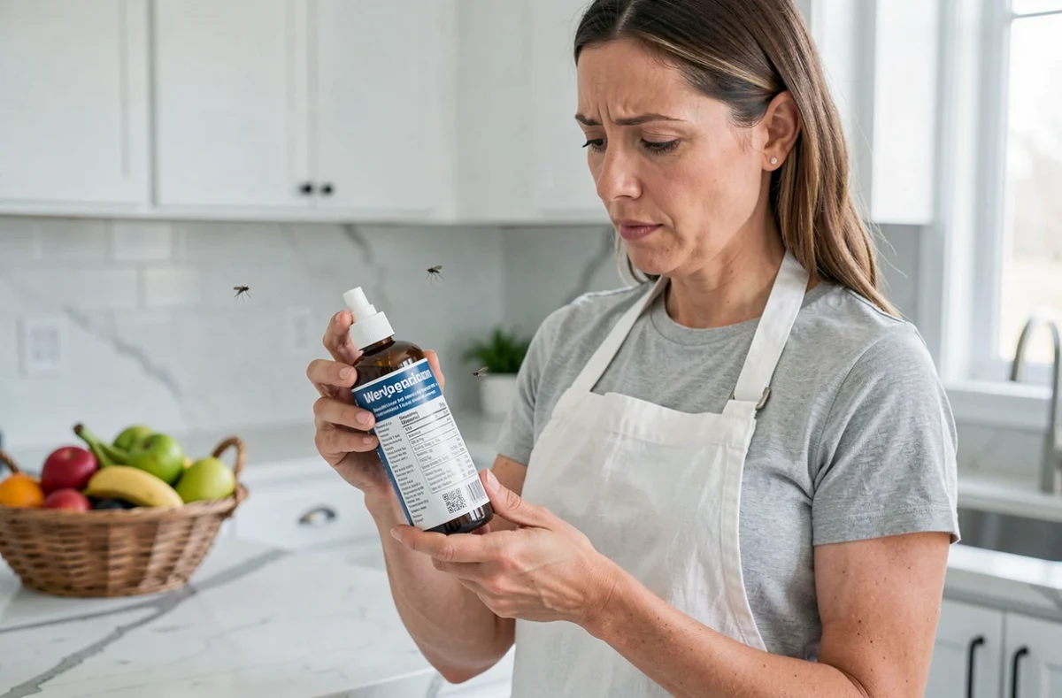 Femme lisant l'étiquette d'un produit chimique anti-mouches dans une cuisine moderne, comparant les options de santé