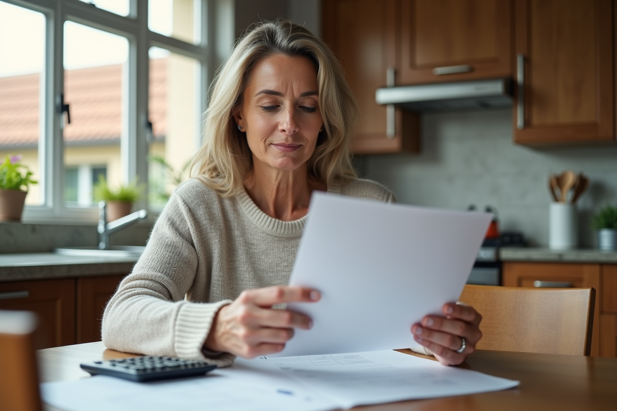 Femme regardant des papiers dans sa cuisine lumineuse