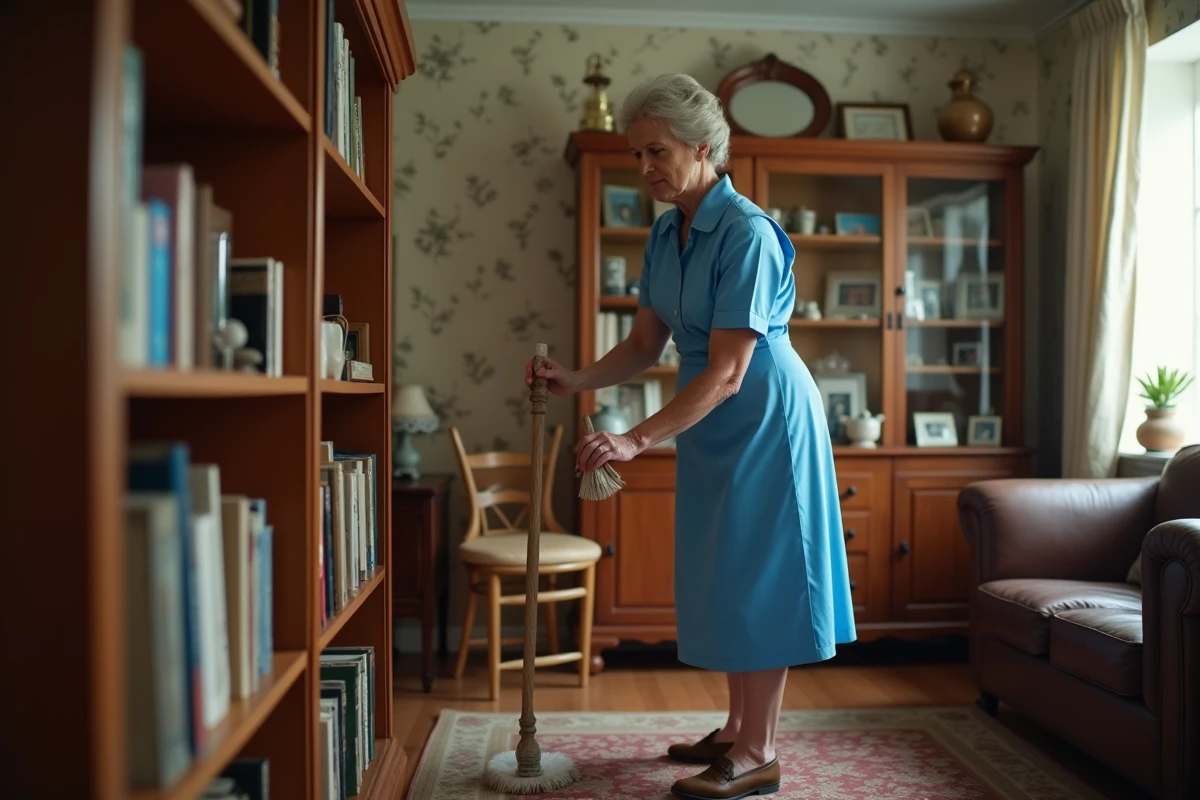 Femme de ménage âgée nettoyant une bibliothèque en maison chaleureuse