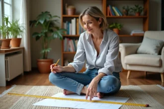 Femme mesurant un tapis dans un salon lumineux