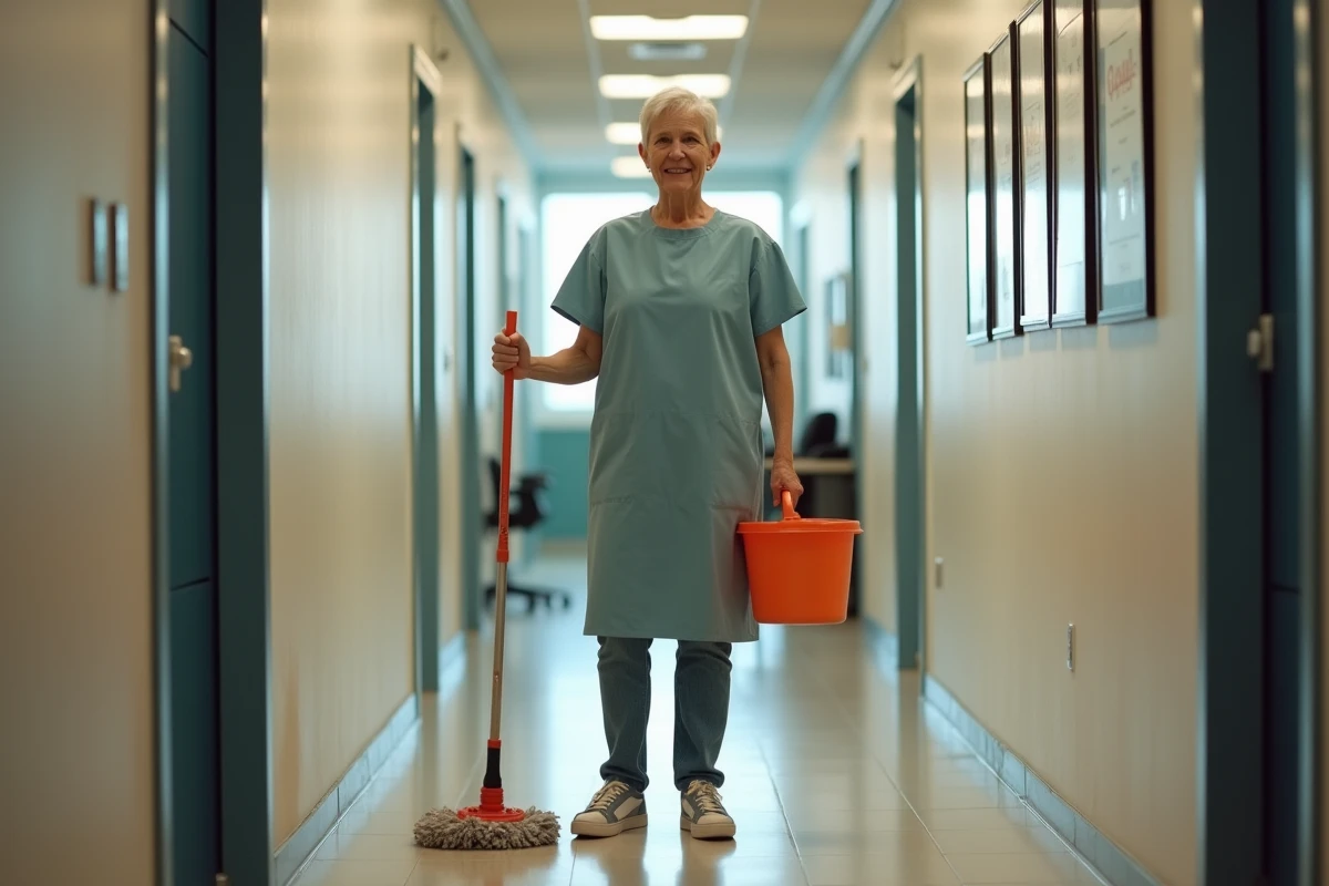 Femme avec un balai dans un bureau lumineux et animé