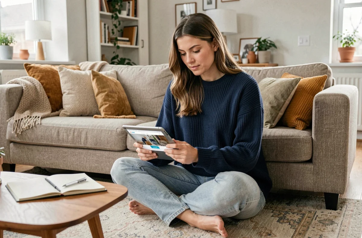 Femme parcourant un site web de rénovation et de vie quotidienne sur une tablette dans son salon