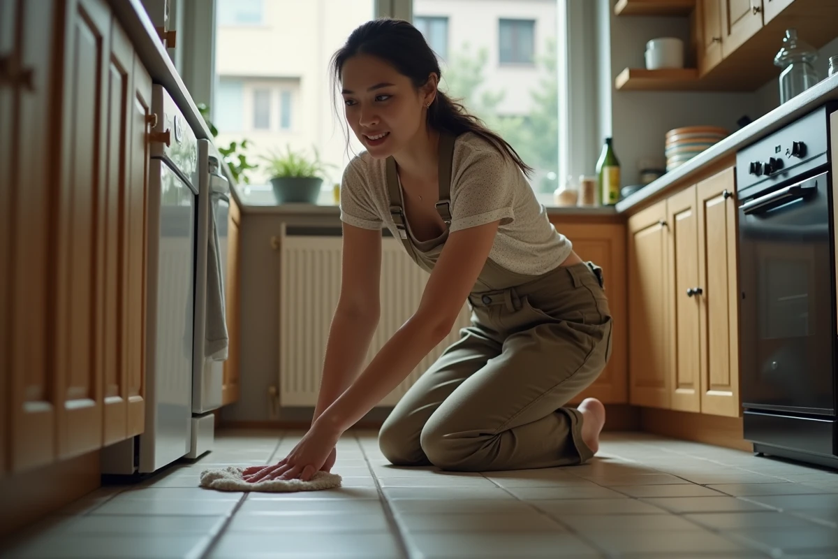 Femme en train de nettoyer un sol de cuisine avec sérieux