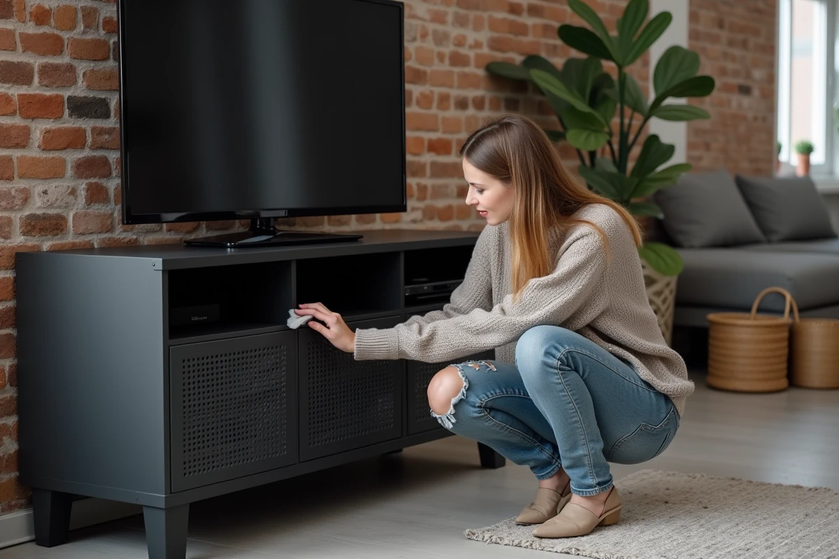 Jeune femme nettoyant une étagère en métal dans un appartement