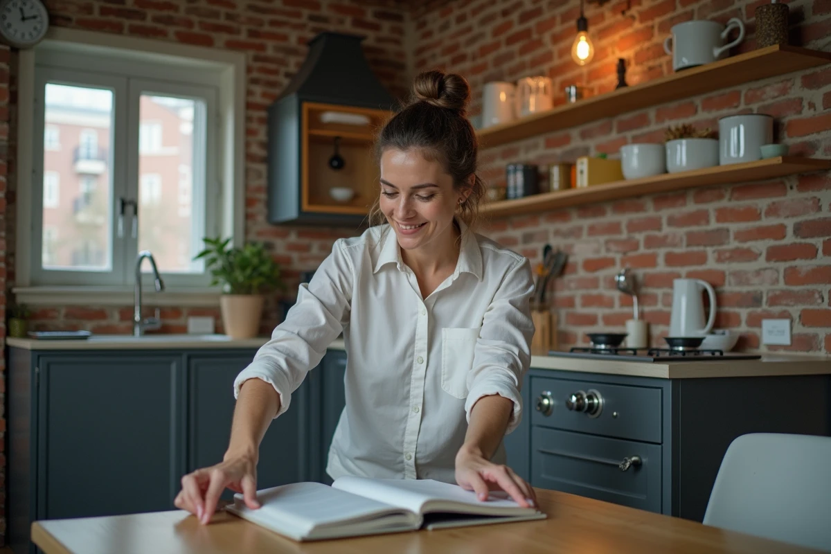Femme arrange un mobilier compact dans un studio urbain