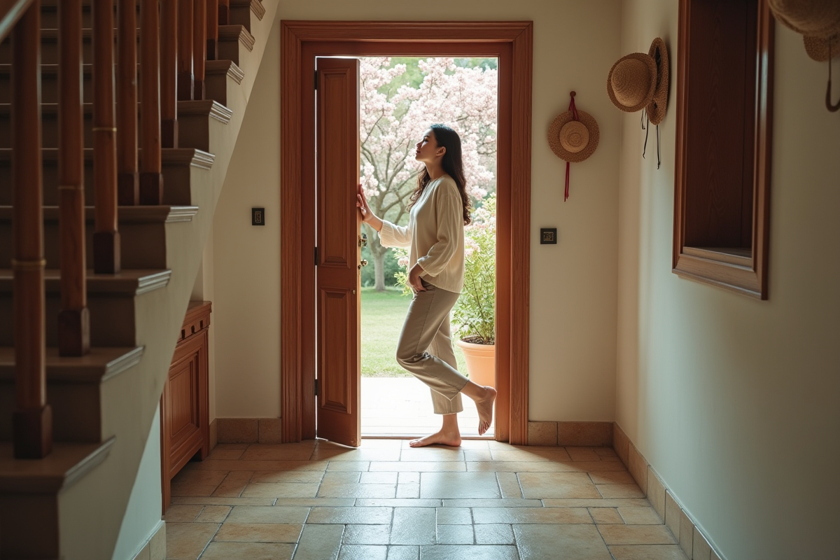 Jeune femme ouvrant une porte en bois dans le couloir
