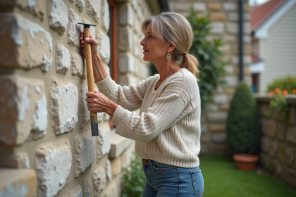 Femme d'âge moyen écaillant la peinture d'une maison ancienne
