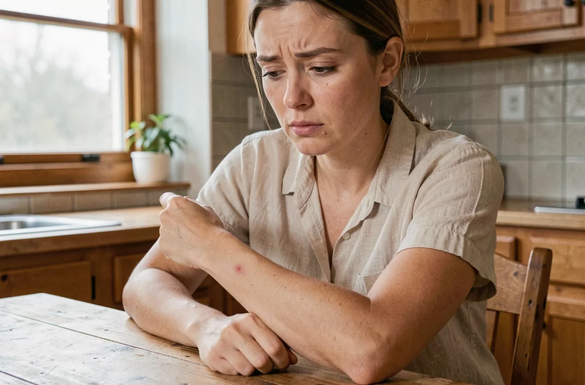 Femme examinant une piqûre d'insecte sur son bras dans une cuisine, réaction cutanée visible