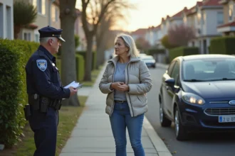 Femme et policier devant voiture stationnee illegalement