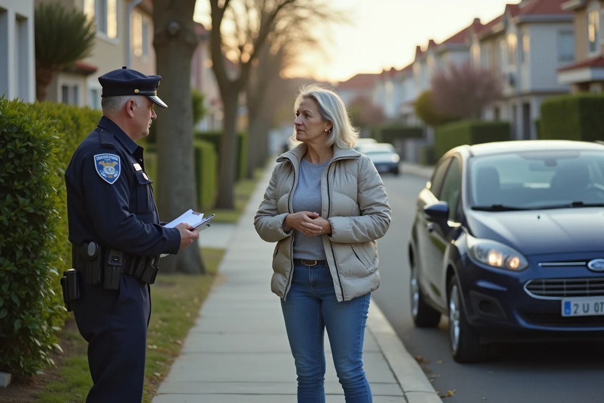 Femme et policier devant voiture stationnee illegalement