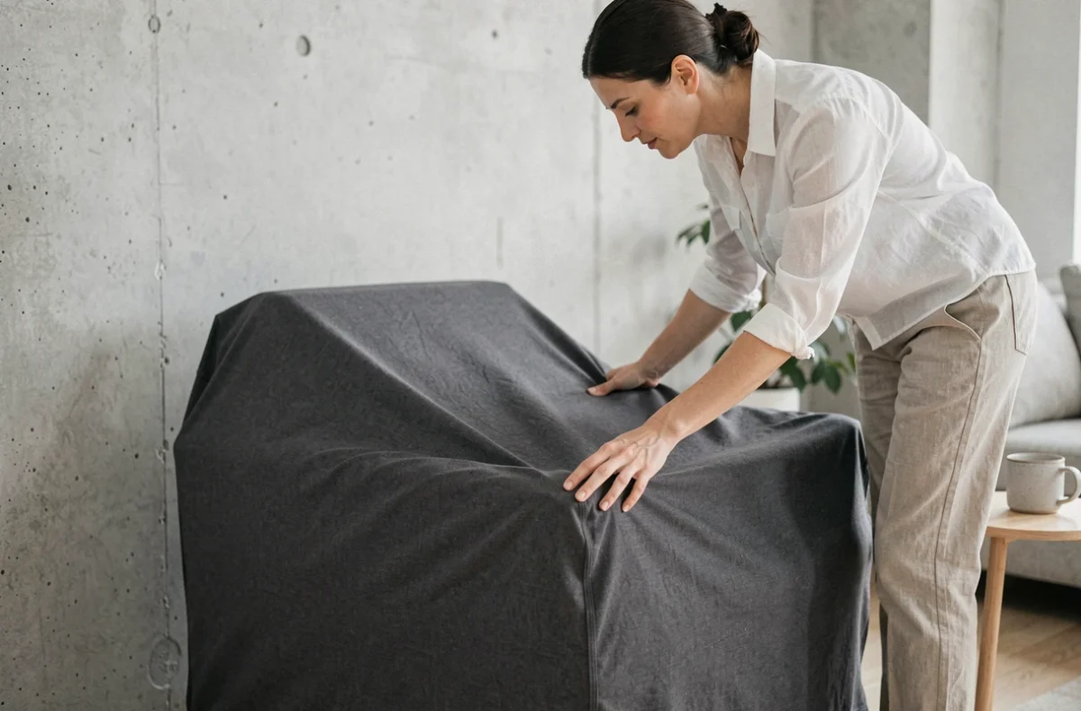 Femme installant une housse extensible grise sur un fauteuil moderne dans un intérieur scandinave épuré