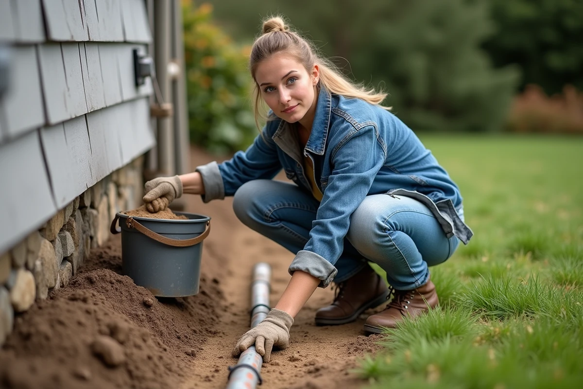 Jeune femme pose tuyaux en extérieur avec sable
