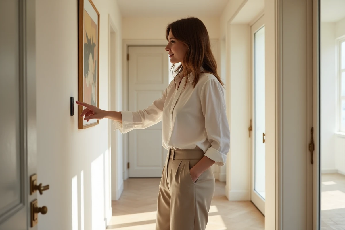 Femme élégante appuyant sur un interrupteur dans un couloir lumineux