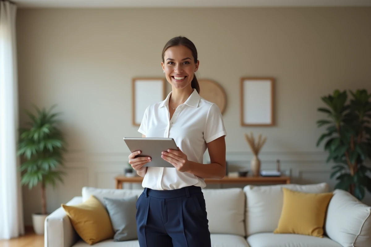 Jeune femme professionnelle souriante avec tablette dans un salon moderne