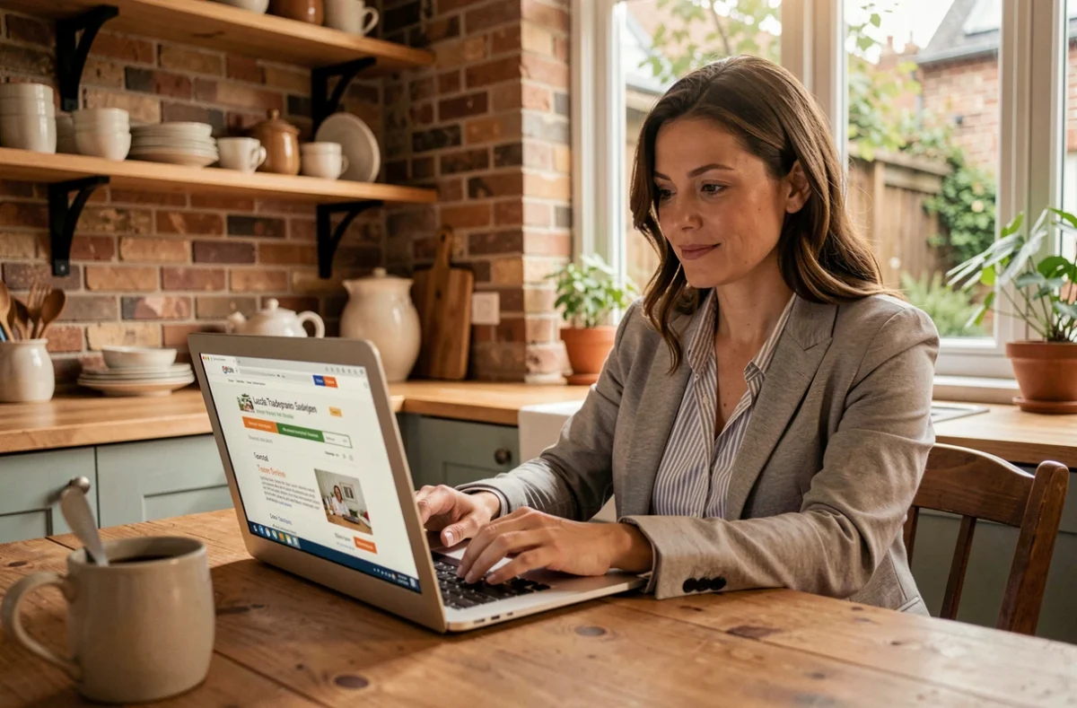 Femme cherchant un artisan qualifié près de chez elle via un site de mise en relation sur ordinateur portable dans sa cuisine