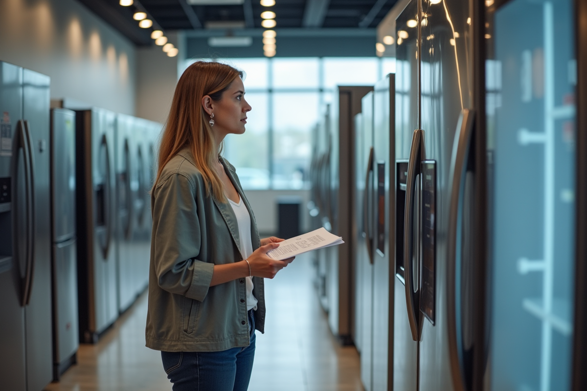 Femme examinant des réfrigérateurs modernes en magasin