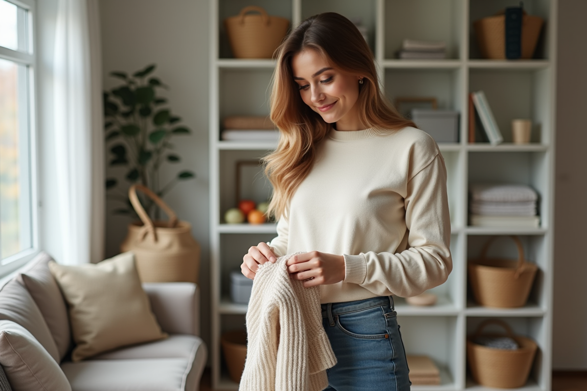 Jeune femme repassant des vêtements dans un salon scandinave