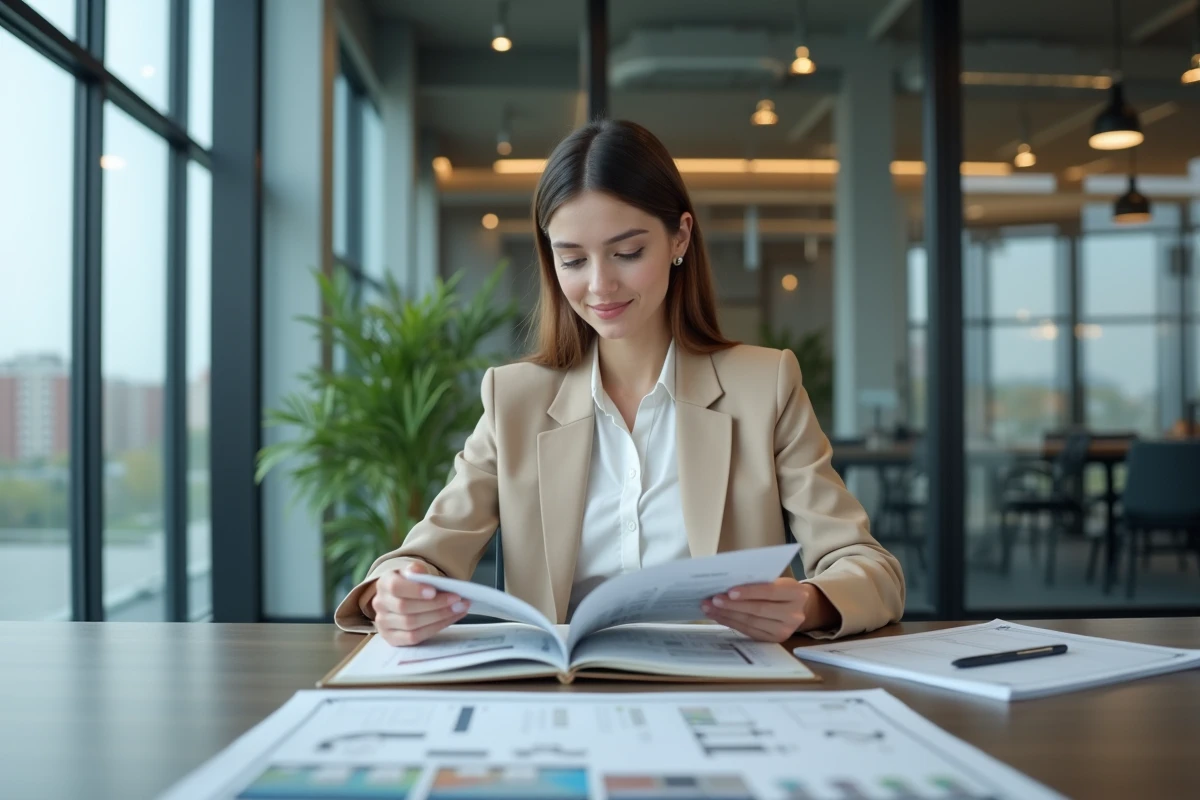 Jeune femme professionnelle consulte un catalogue d