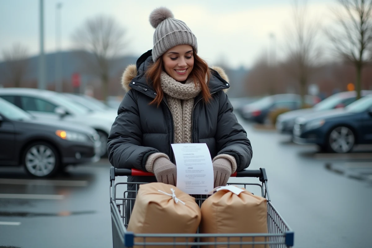 Femme avec chariot de pellets dans parking extérieur