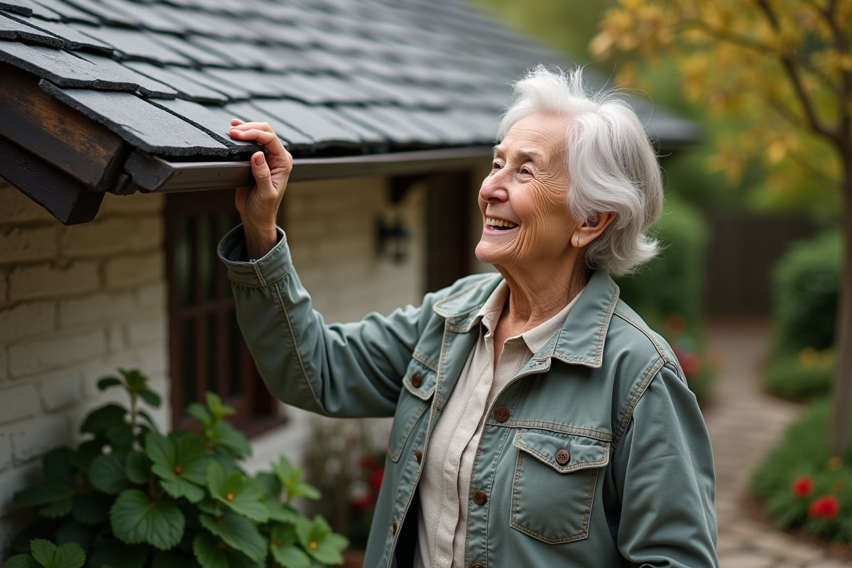 Femme âgée souriante touchant un toit en ardoise dans son jardin