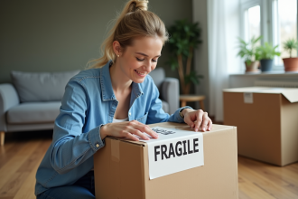 Femme appliquant un sticker fragile sur une box