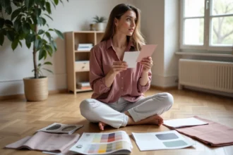 Femme consultant des palettes de couleurs et swatches déco sur le parquet de son appartement parisien pour définir son style intérieur