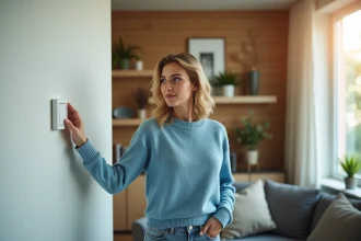 Femme appuyant sur un interrupteur sans fil dans un salon lumineux