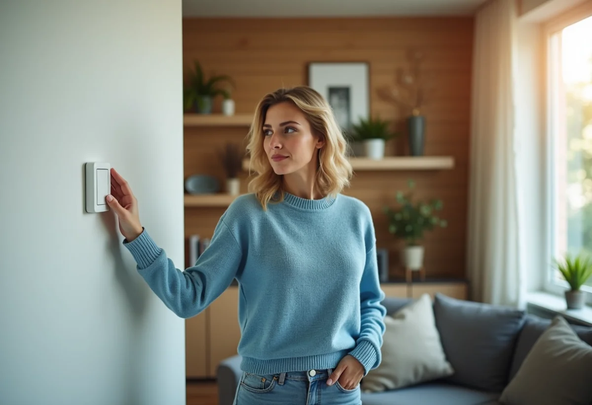 Femme appuyant sur un interrupteur sans fil dans un salon lumineux