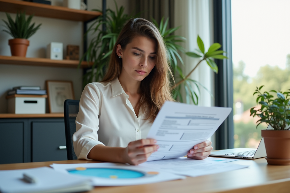 Jeune femme analyse documents dans son bureau à domicile