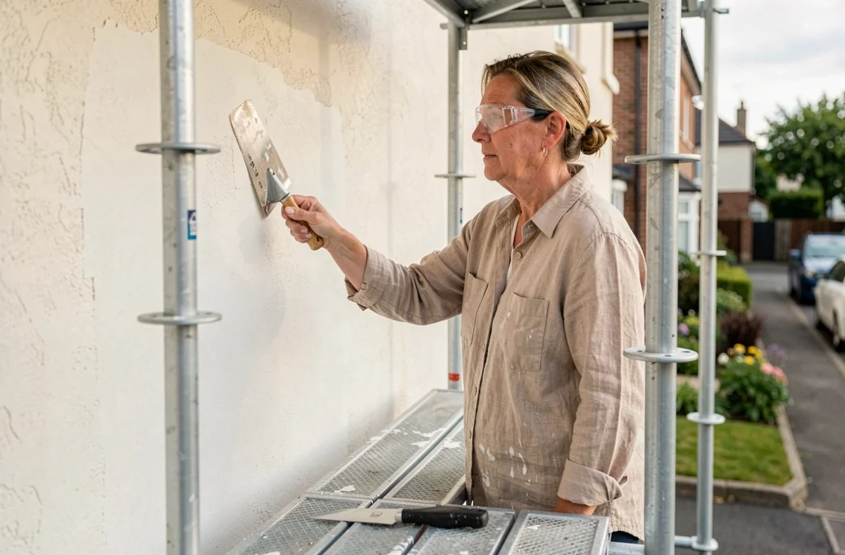 Femme appliquant un enduit sur une façade depuis un échafaudage loué lors d'un chantier résidentiel court