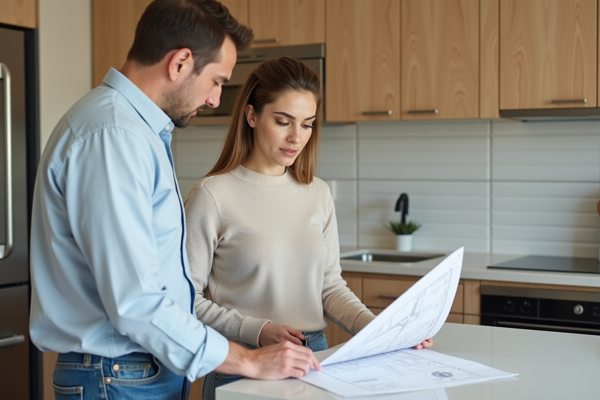 Jeune femme consulte un plan électrique avec un inspecteur