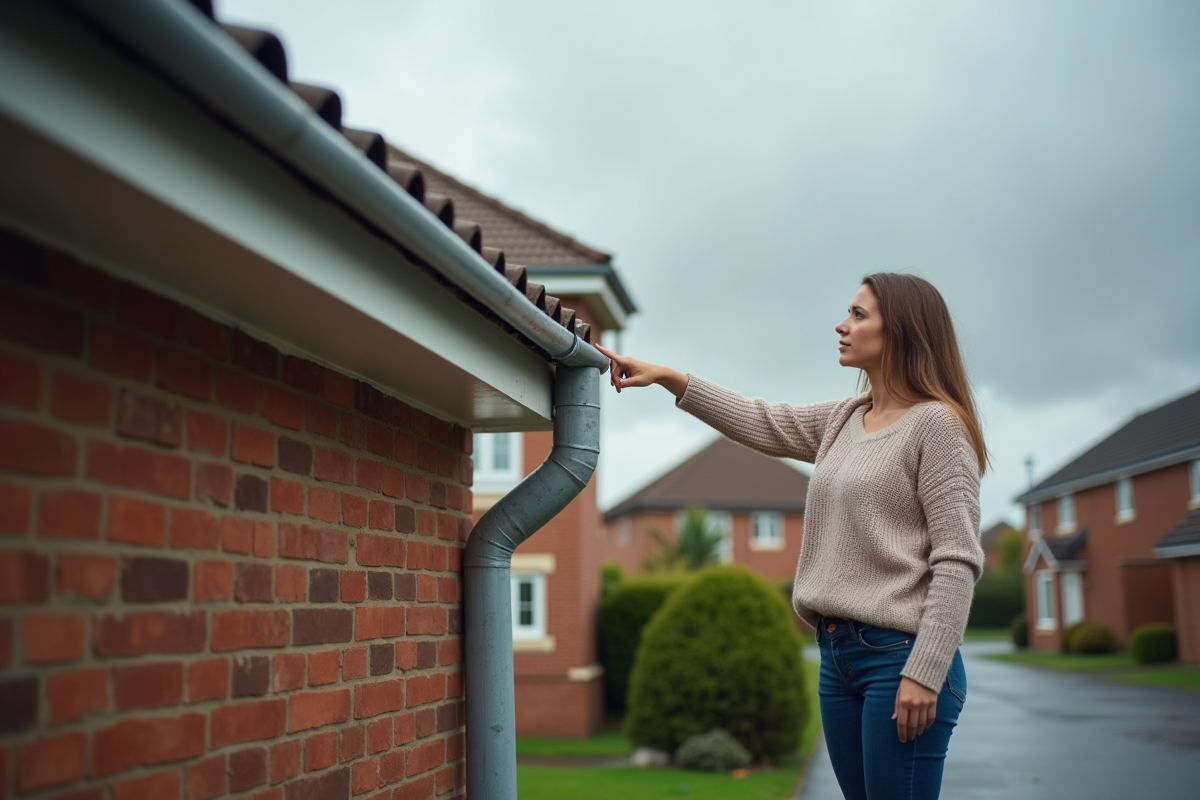 Jeune femme pointant un toit de maison sous la pluie