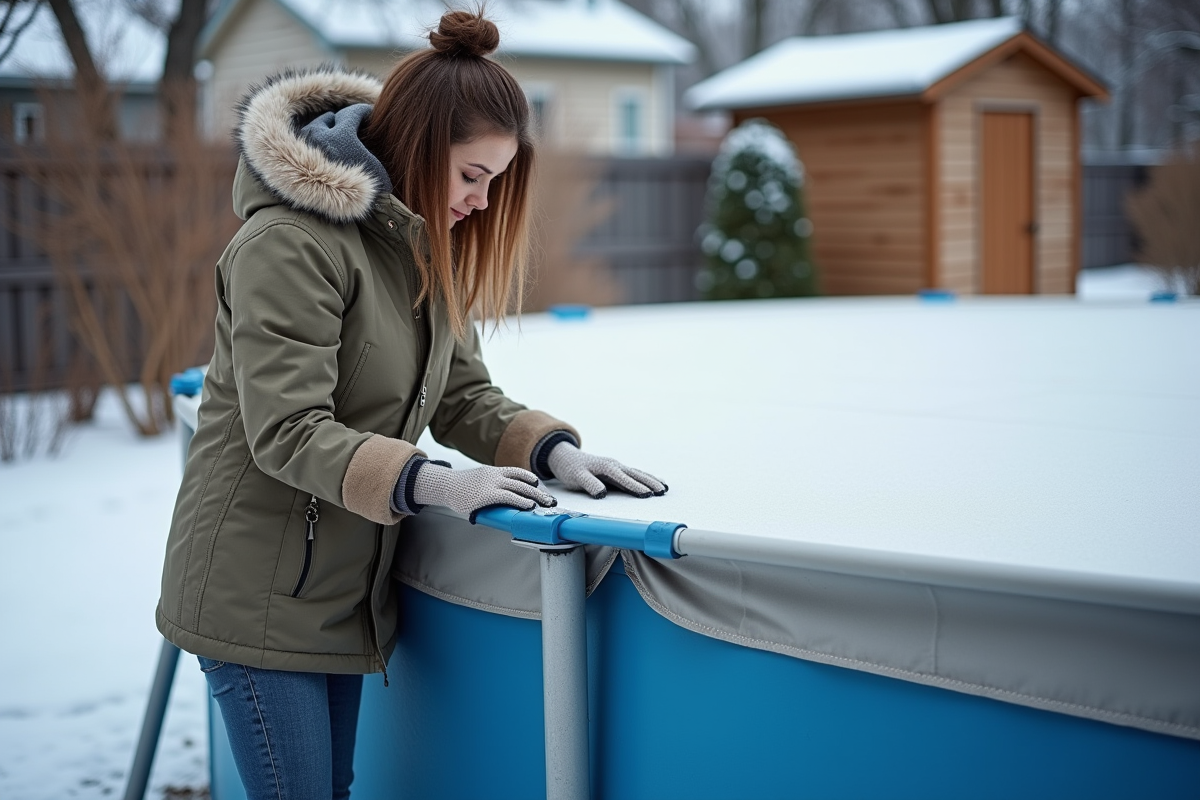 Jeune femme vérifie la bâche de la piscine en hiver