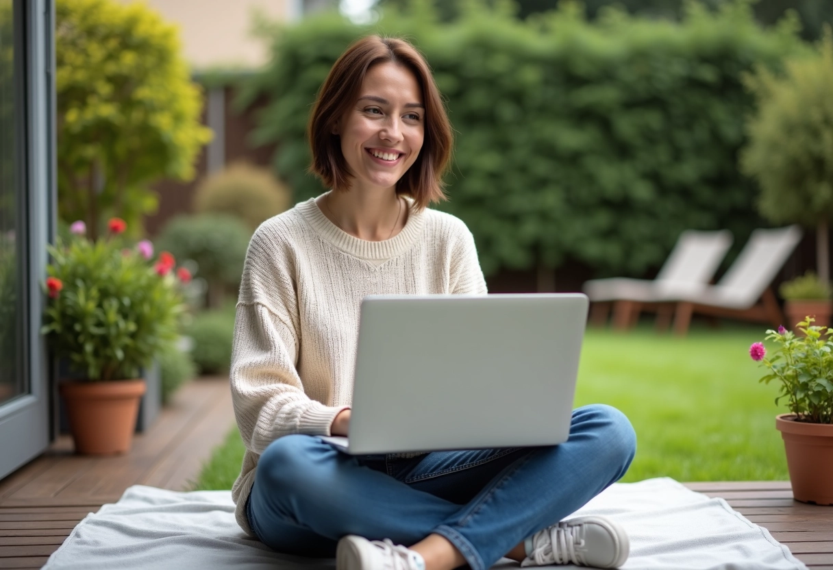 Jeune femme en extérieur en train de faire une visio sur son ordinateur