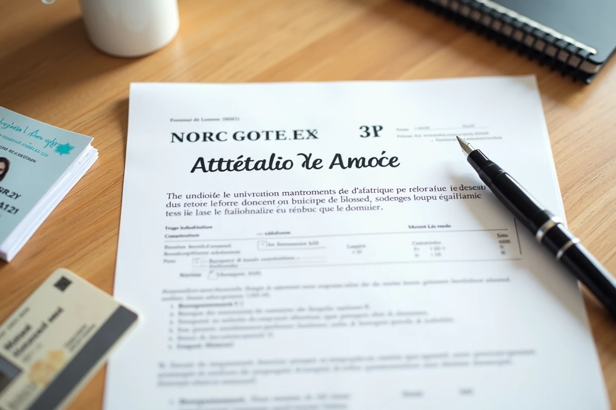 Vue aérienne d'une attestation de domicile manuscrite avec stylo et pièces justificatives sur un bureau en bois