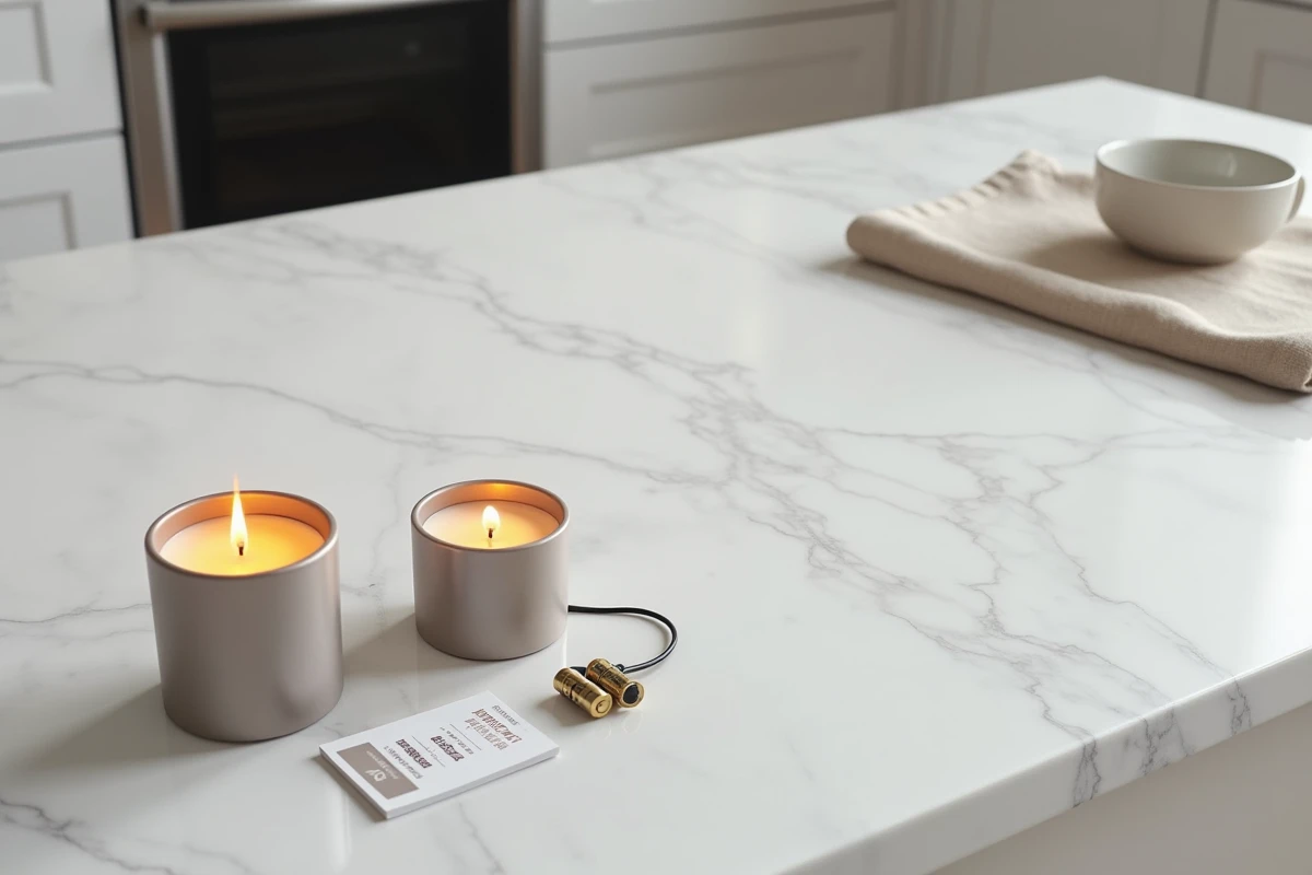Vue à plat comparant une bougie à piles et une bougie rechargeable avec accessoires sur marbre blanc