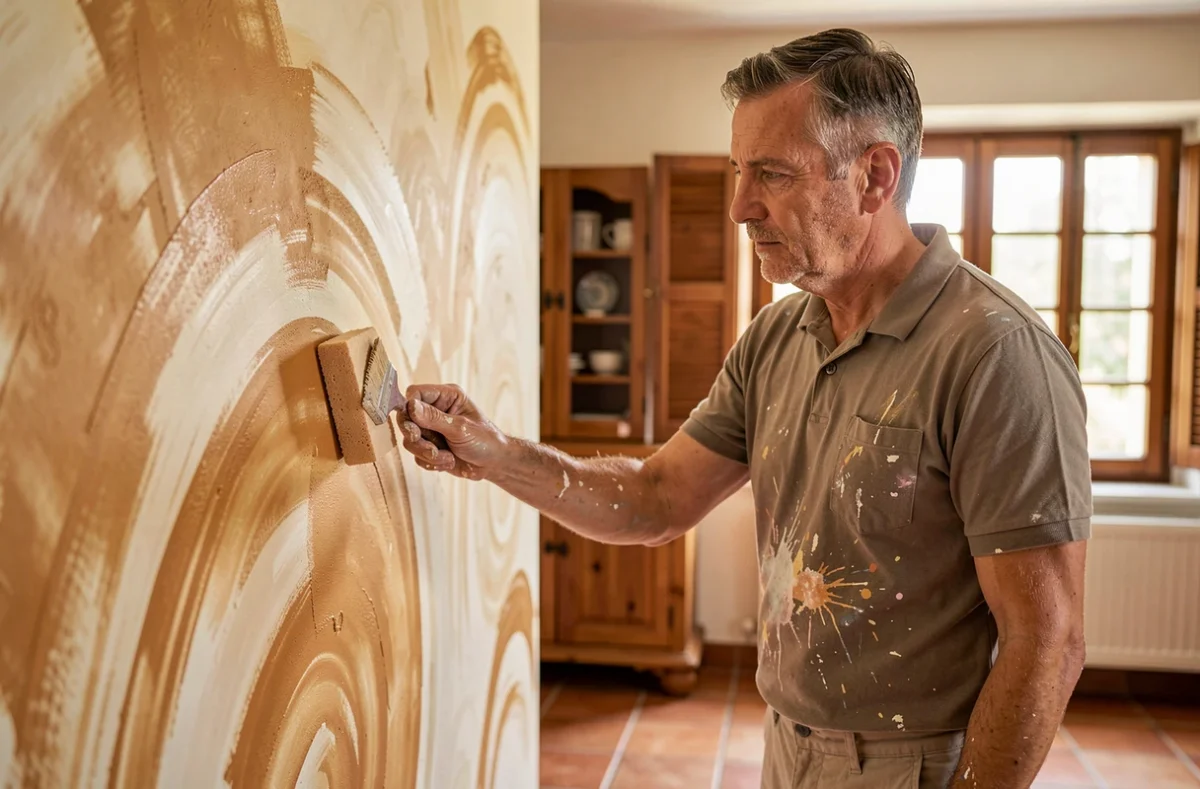 Peintre décorateur appliquant une finition décorative sur un mur dans une maison de Vendée